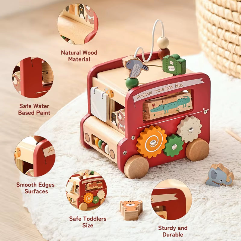 Baby Montessori Toys Wooden Multi-Purpose Animal Bus Newborn Education Busy Board Children Hand and Foot Movement Game Baby Gift