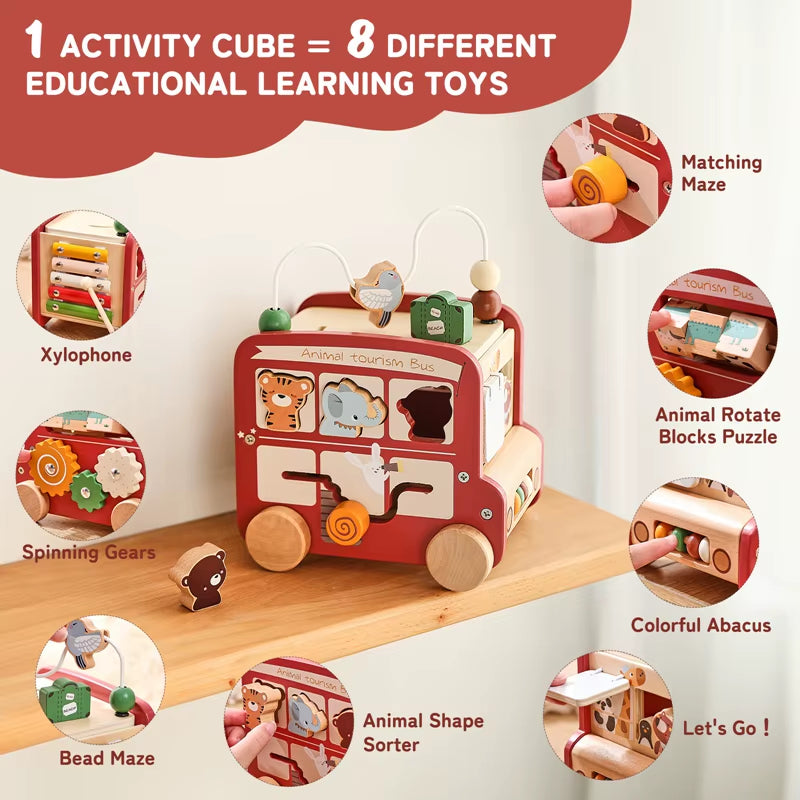 Baby Montessori Toys Wooden Multi-Purpose Animal Bus Newborn Education Busy Board Children Hand and Foot Movement Game Baby Gift