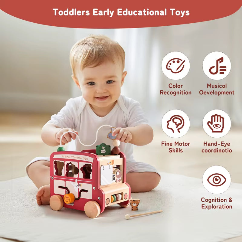 Baby Montessori Toys Wooden Multi-Purpose Animal Bus Newborn Education Busy Board Children Hand and Foot Movement Game Baby Gift