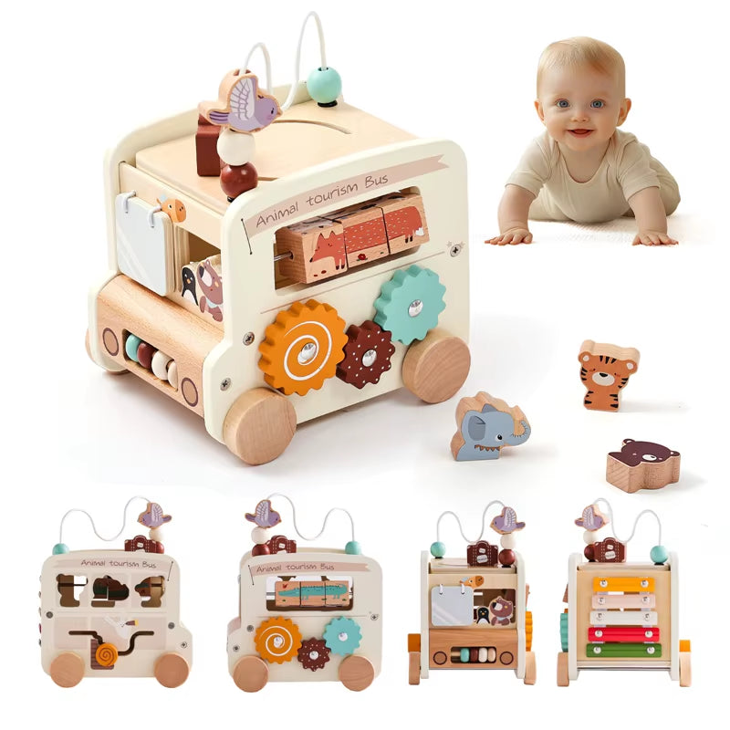 Baby Montessori Toys Wooden Multi-Purpose Animal Bus Newborn Education Busy Board Children Hand and Foot Movement Game Baby Gift